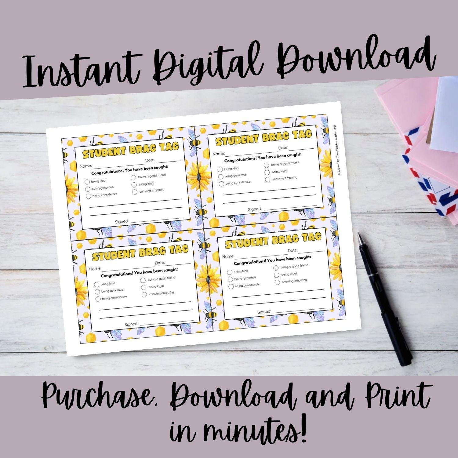 Bee Themed Printable Fill In the Blank Brag Tags | Teacher Notecards | Happy Note | Teacher Parent Communication | Digital Download