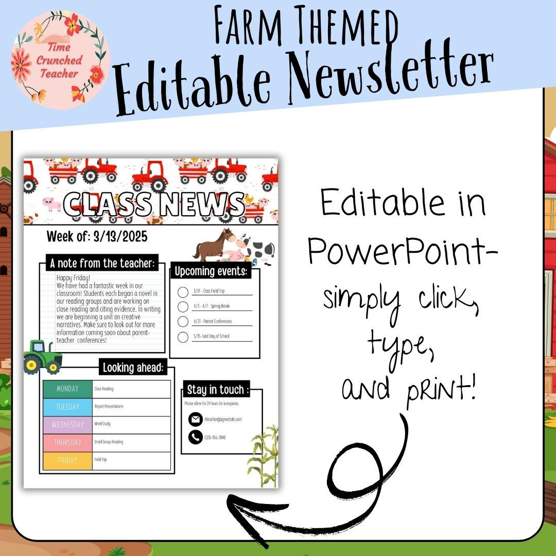 Farm Themed Editable Classroom Newsletter Template | Weekly Parent Communication | Printable Teacher Resource | Editable in PowerPoint