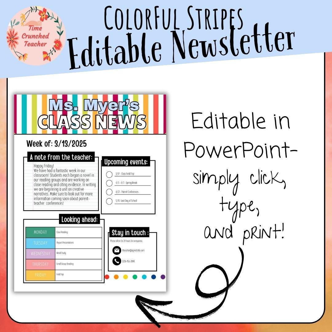 Colorful Striped Classroom Newsletter Template: Weekly Parent Communication (Editable PowerPoint File)