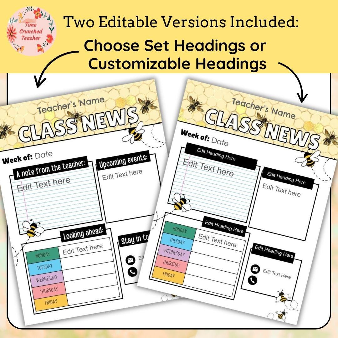 Bee Themed Editable Classroom Newsletter Template | Weekly Parent Communication | Printable Teacher Resource | Editable in PowerPoint