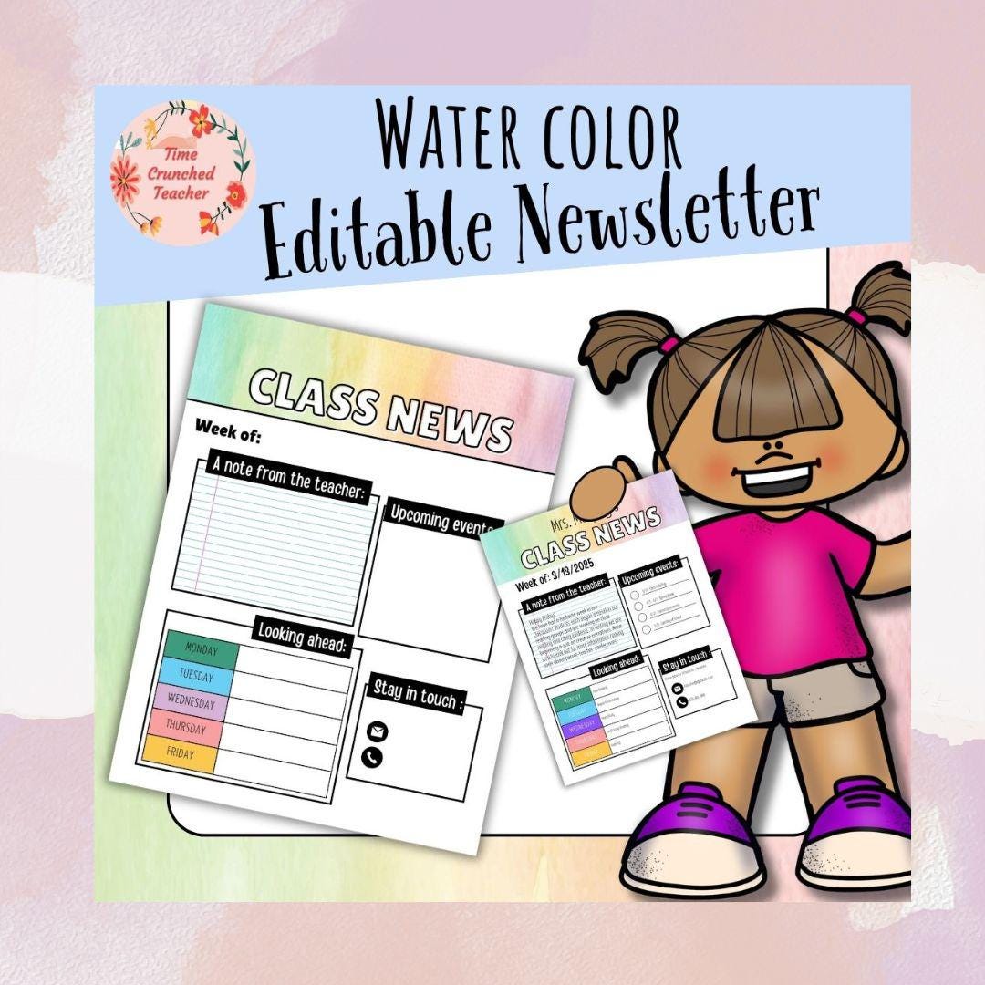 Watercolor Themed Editable Classroom Newsletter Template | Weekly Parent Communication | Printable Teacher Resource | Editable in PowerPoint