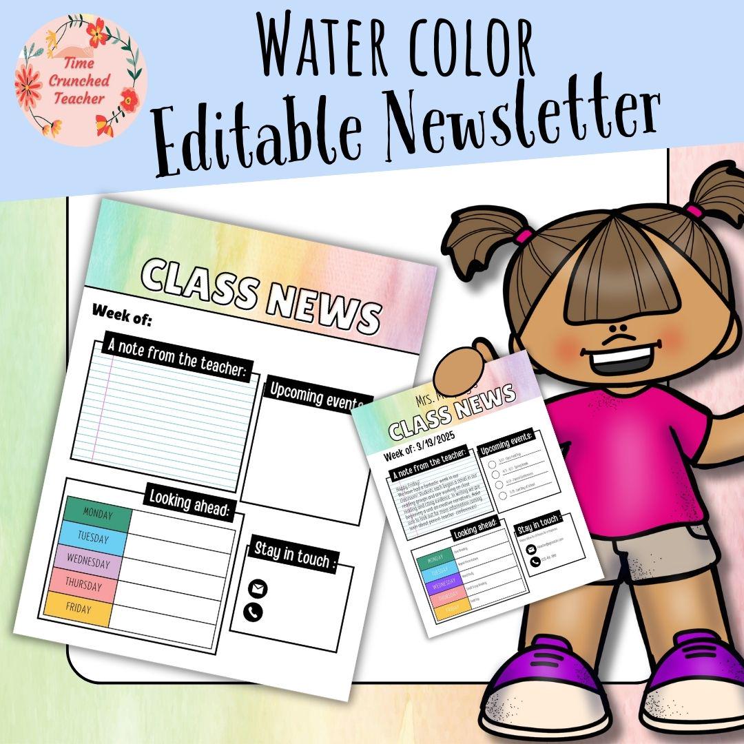 Watercolor Themed Editable Classroom Newsletter Template | Weekly Parent Communication | Printable Teacher Resource | Editable in PowerPoint