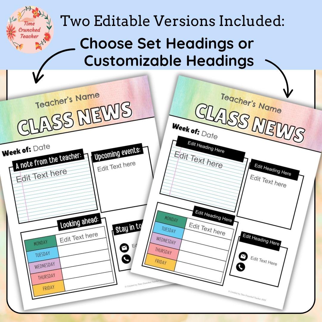Watercolor Themed Editable Classroom Newsletter Template | Weekly Parent Communication | Printable Teacher Resource | Editable in PowerPoint
