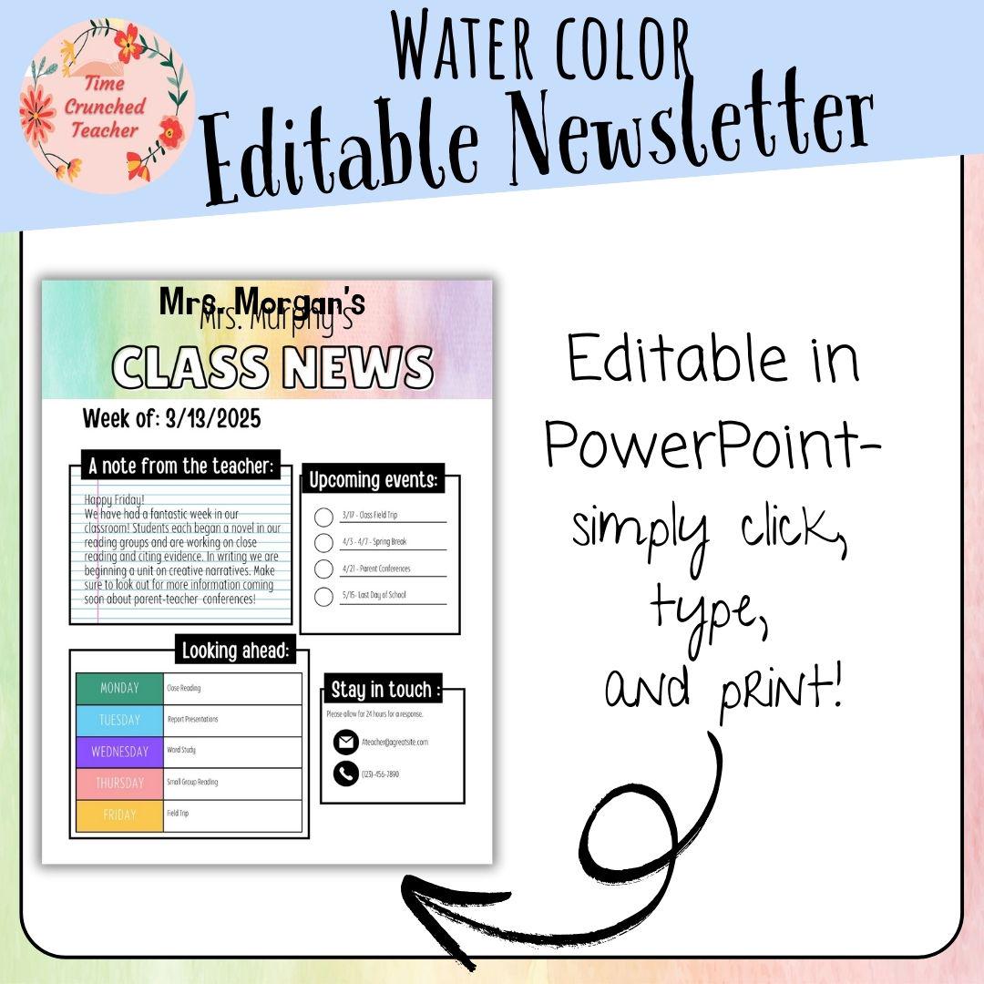 Watercolor Themed Editable Classroom Newsletter Template | Weekly Parent Communication | Printable Teacher Resource | Editable in PowerPoint