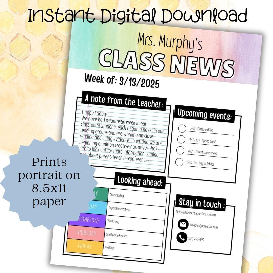 Watercolor Themed Editable Classroom Newsletter Template | Weekly Parent Communication | Printable Teacher Resource | Editable in PowerPoint