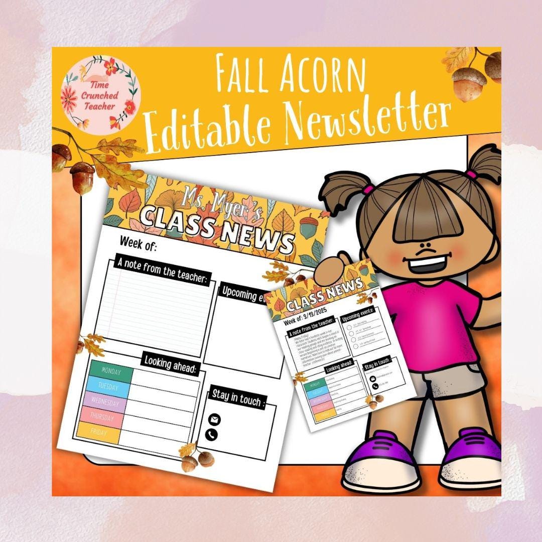 Fall Acorn Themed Editable Classroom Newsletter Template | Weekly Parent Communication | Printable Teacher Resource | Editable in PowerPoint