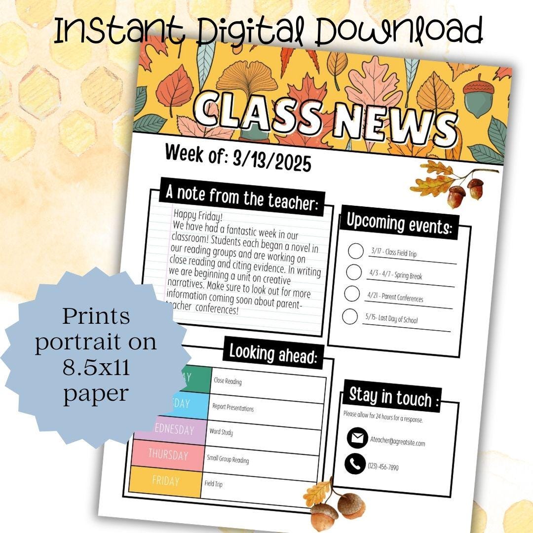 Fall Acorn Themed Editable Classroom Newsletter Template | Weekly Parent Communication | Printable Teacher Resource | Editable in PowerPoint