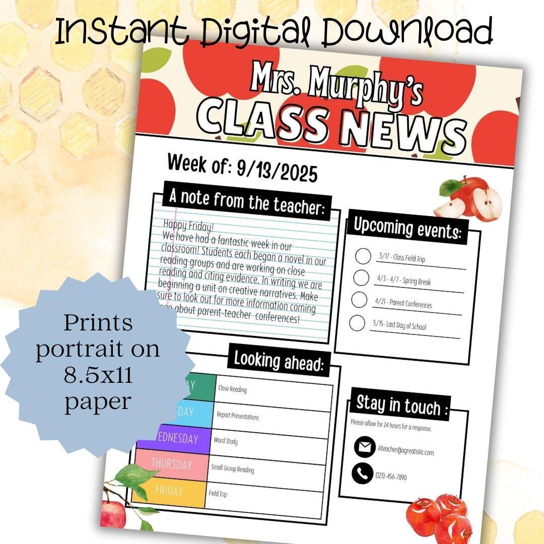 Apple Themed Editable Classroom Newsletter Template | Weekly Parent Communication | Printable Teacher Resource | Editable in PowerPoint