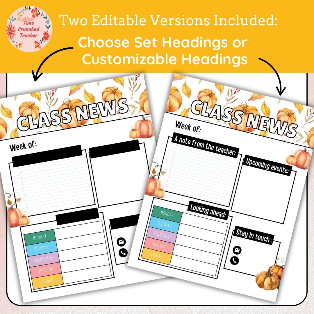 Pumpkin Themed Editable Classroom Newsletter Template | Weekly Parent Communication | Printable Teacher Resource | Editable in PowerPoint