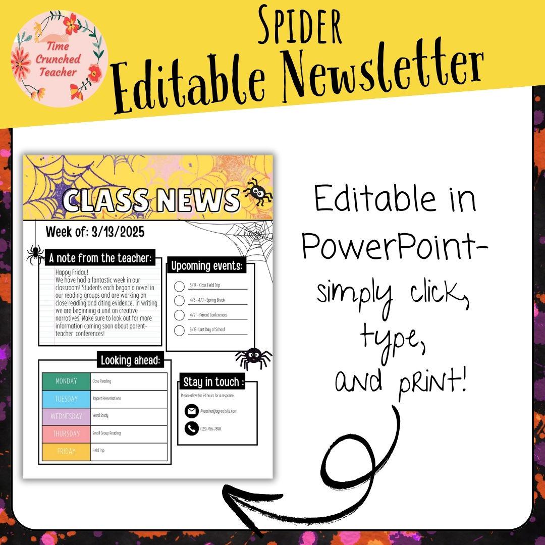 Spider Themed Editable Classroom Newsletter Template | Weekly Parent Communication | Printable Teacher Resource | Editable in PowerPoint