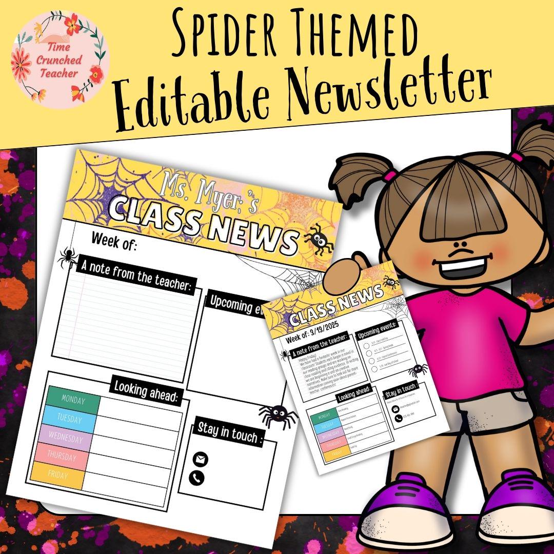 Spider Themed Editable Classroom Newsletter Template | Weekly Parent Communication | Printable Teacher Resource | Editable in PowerPoint