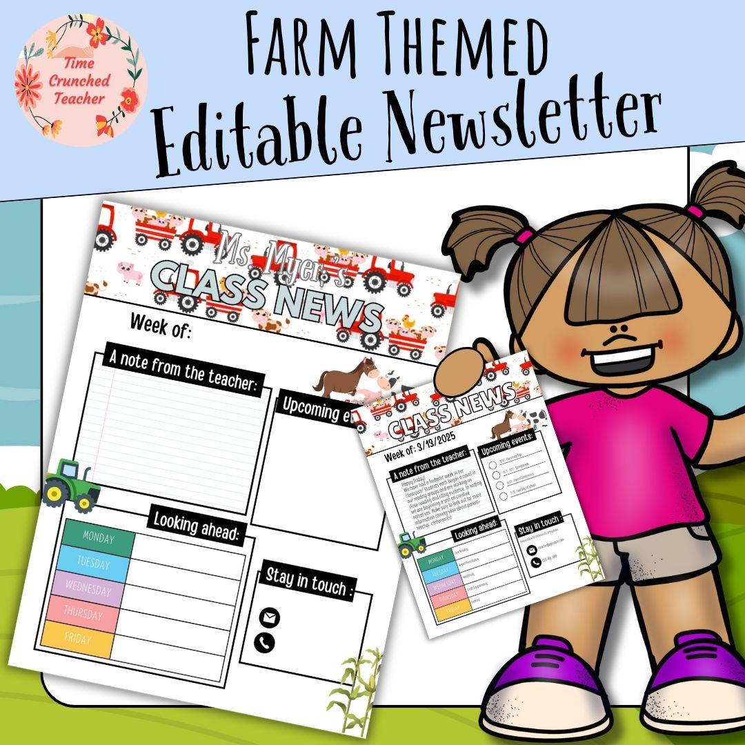 Farm Themed Editable Classroom Newsletter Template | Weekly Parent Communication | Printable Teacher Resource | Editable in PowerPoint
