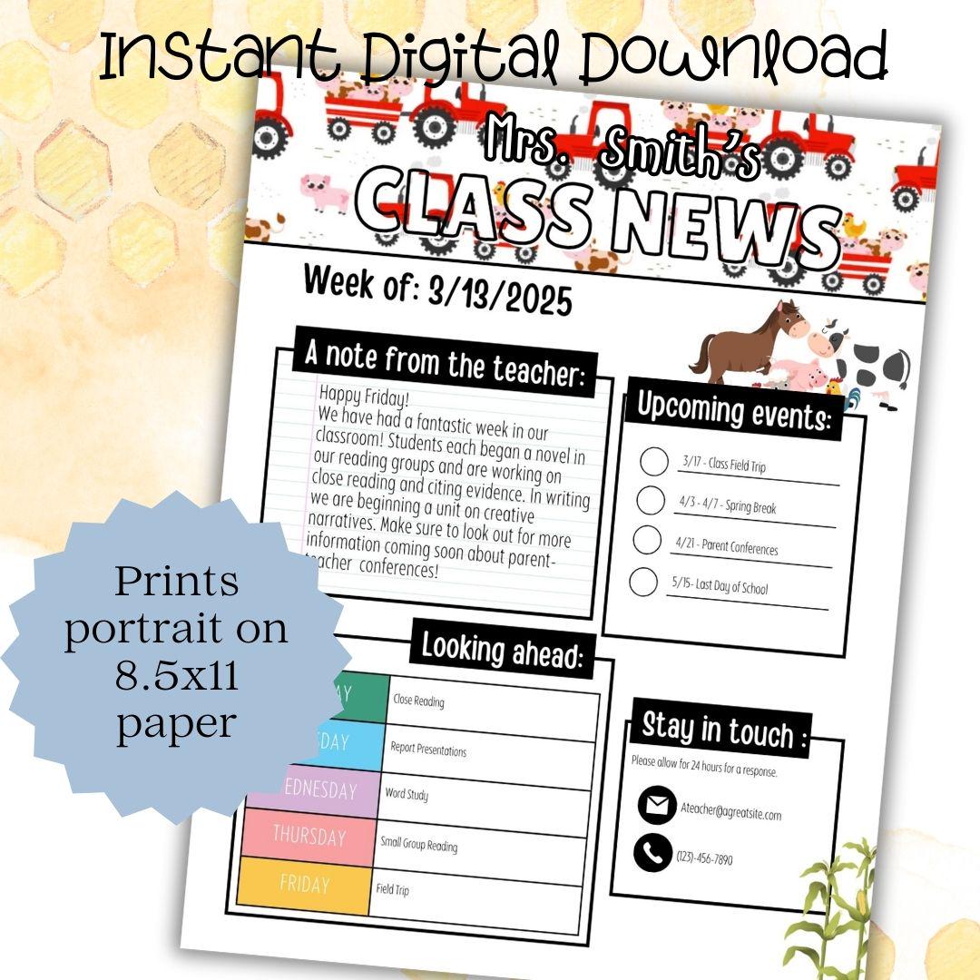 Farm Themed Editable Classroom Newsletter Template | Weekly Parent Communication | Printable Teacher Resource | Editable in PowerPoint