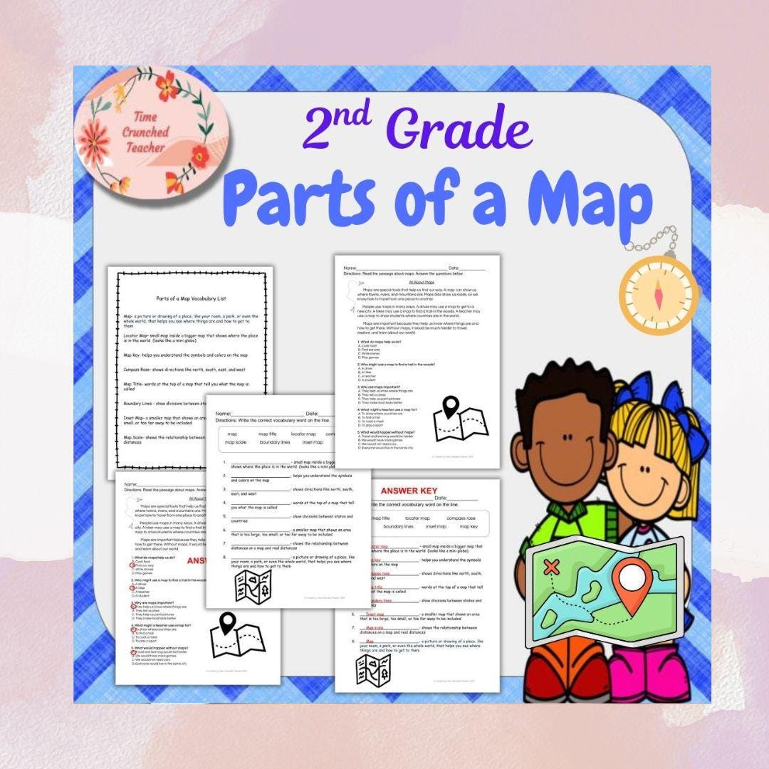 2nd Grade Parts of a Map Worksheets | Map Skills Vocabulary & Comprehension Activities | 2nd Grade Geography | Worksheets with Answer Key