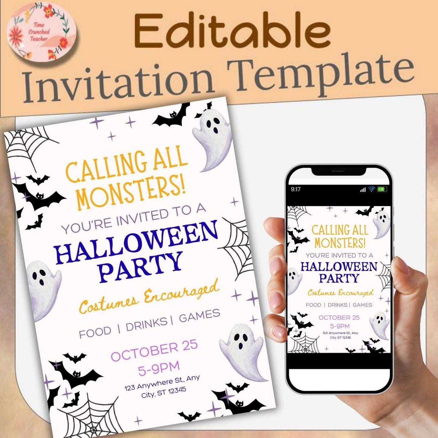 Printable Halloween Party Invitation | Costume Party | Editable Invitation | Halloween Party | Canva Template | Editable Template