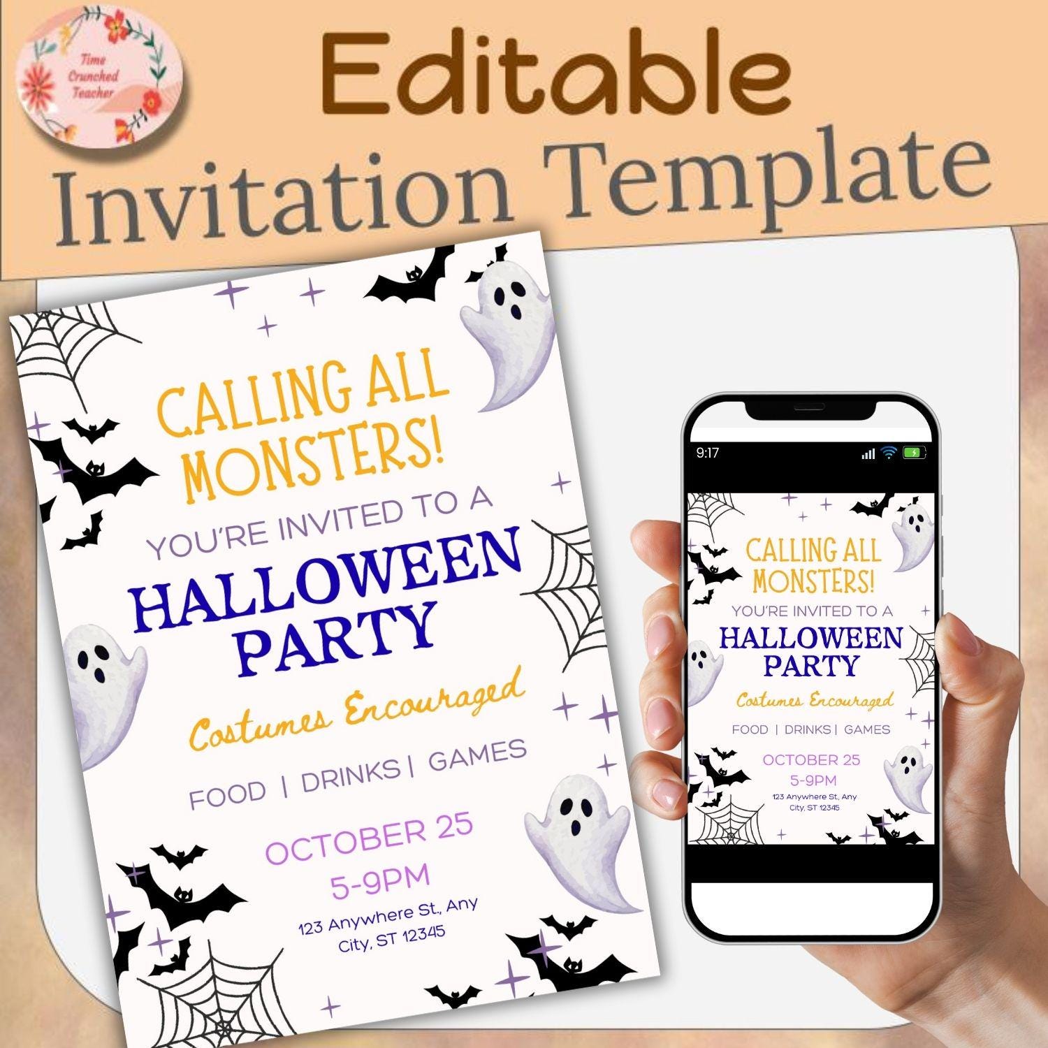 Printable Halloween Party Invitation | Costume Party | Editable Invitation | Halloween Party | Canva Template | Editable Template