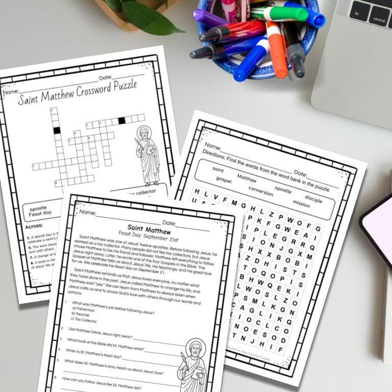 Printable Catholic School Saint Matthew Unit | Saint Study | Digital Download | Sunday School Craft | Catholic Craft