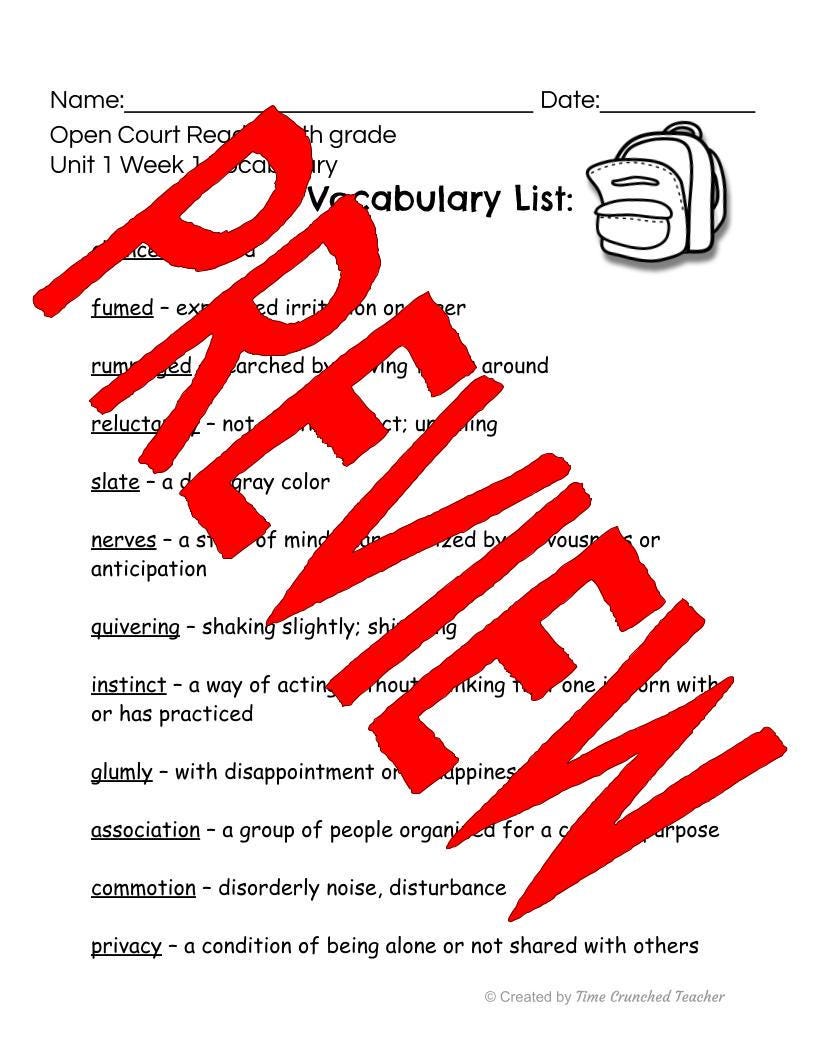 Open Court Reading | 5th Grade Open Court Reading | Open Court Reading 5th Grade Vocabulary | Open Court Reading Unit 1 Week 1 Vocabulary