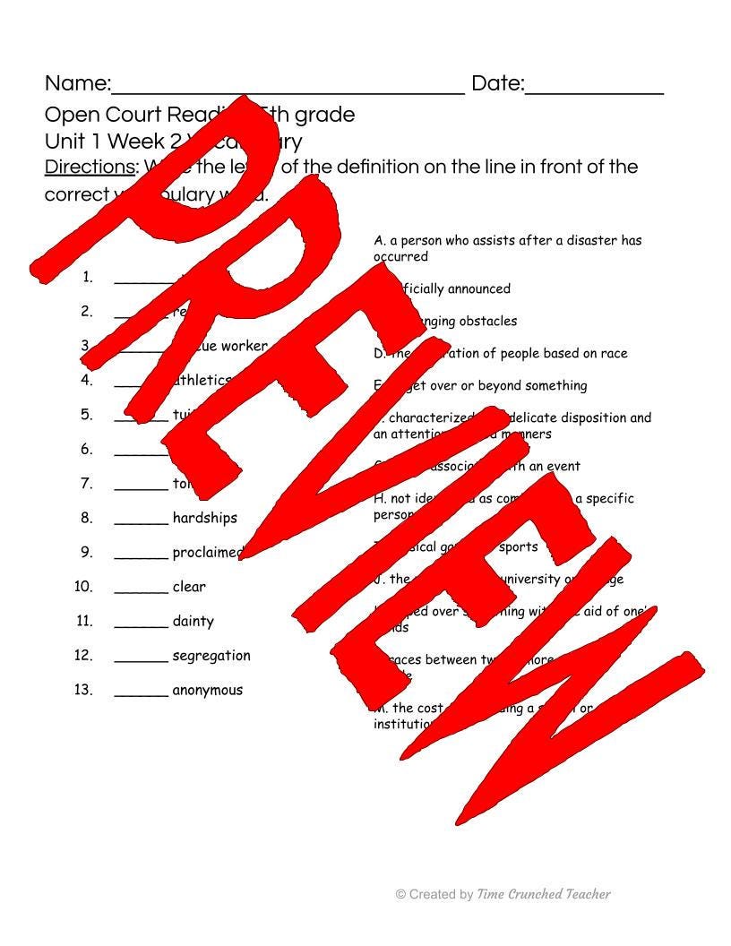 Open Court Reading | 5th Grade Open Court Reading | Open Court Reading 5th Grade Vocabulary | Open Court Reading Unit 1 Week 2 Vocabulary