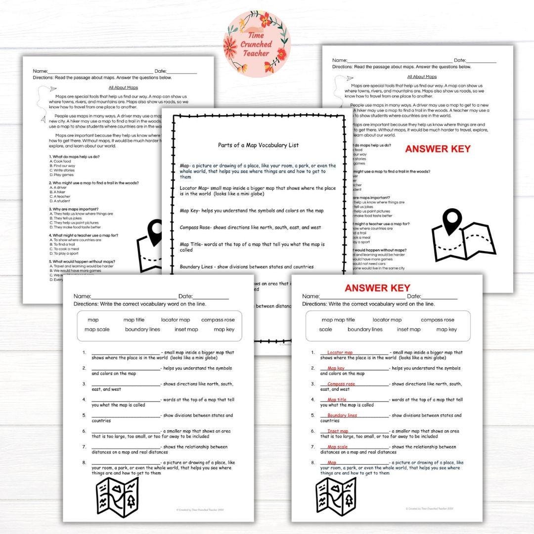 2nd Grade Parts of a Map Worksheets | Map Skills Vocabulary & Comprehension Activities | 2nd Grade Geography | Worksheets with Answer Key