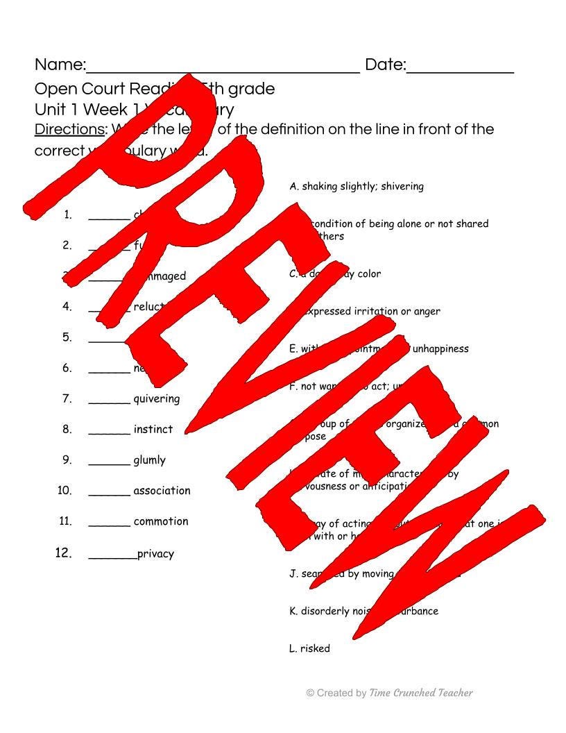 Open Court Reading | 5th Grade Open Court Reading | Open Court Reading 5th Grade Vocabulary | Open Court Reading Unit 1 Week 1 Vocabulary