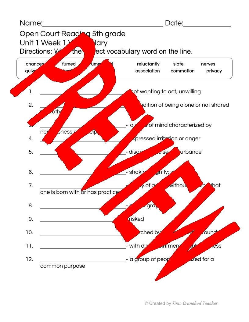 Open Court Reading | 5th Grade Open Court Reading | Open Court Reading 5th Grade Vocabulary | Open Court Reading Unit 1 Week 1 Vocabulary