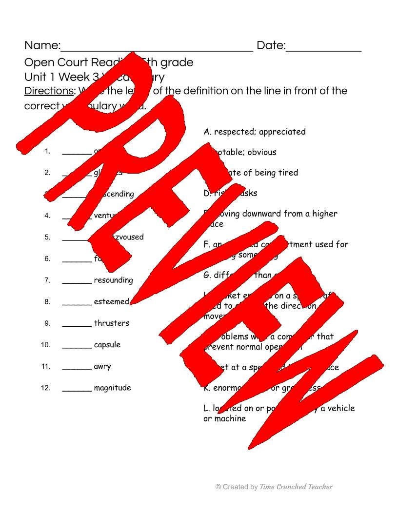 Open Court Reading | 5th Grade Open Court Reading | Open Court Reading 5th Grade Vocabulary | Open Court Reading Unit 1 Week 3 Vocabulary