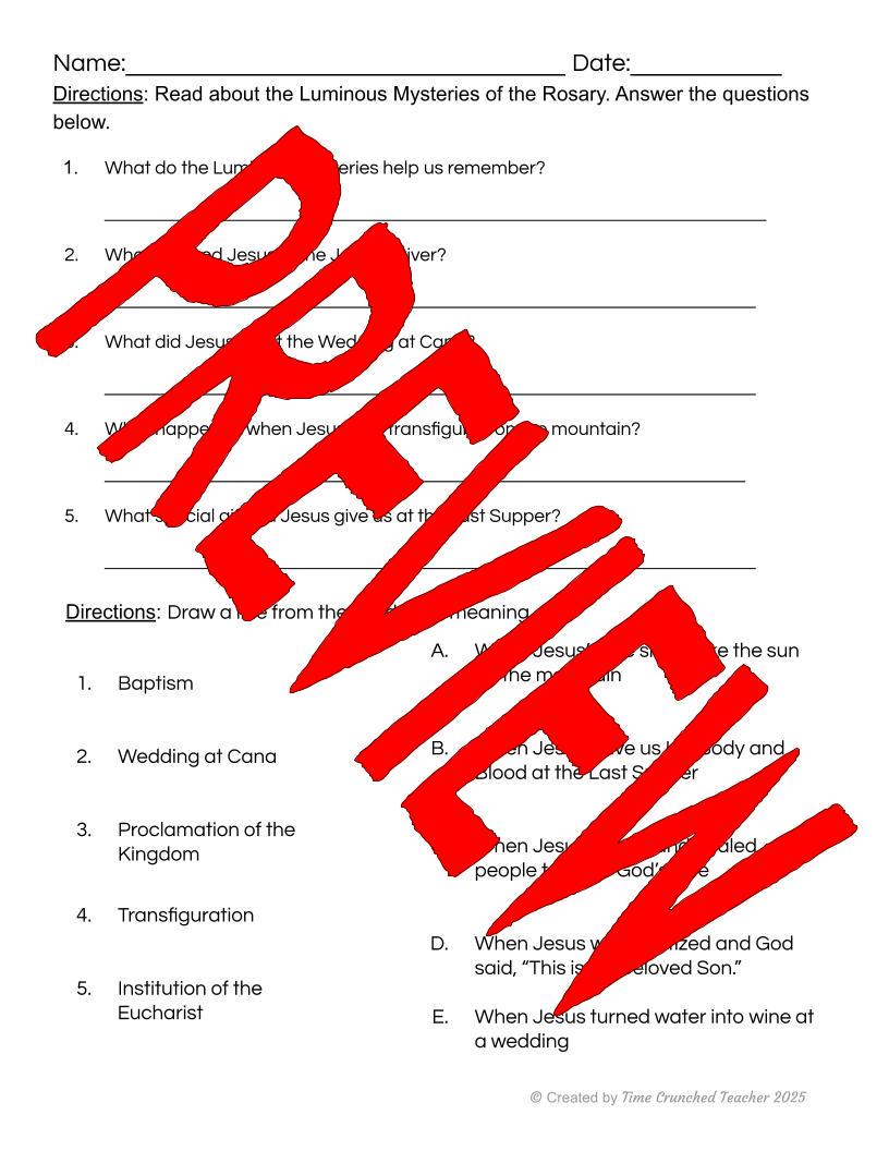 Printable Catholic School Worksheets | The Luminous Mysteries of the Rosary | Rosary Worksheets | How to Pray the Rosary