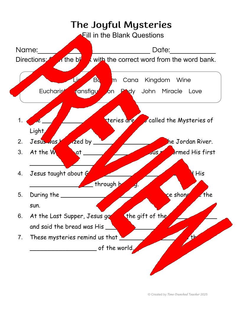 Printable Catholic School Worksheets | The Luminous Mysteries of the Rosary | Rosary Worksheets | How to Pray the Rosary