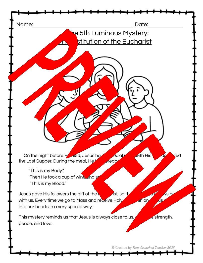 Printable Catholic School Worksheets | The Luminous Mysteries of the Rosary | Rosary Worksheets | How to Pray the Rosary