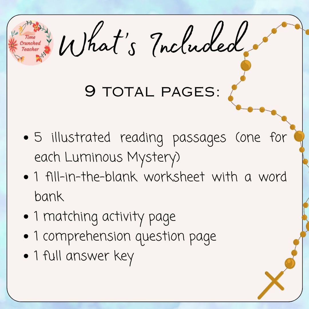 Printable Catholic School Worksheets | The Luminous Mysteries of the Rosary | Rosary Worksheets | How to Pray the Rosary