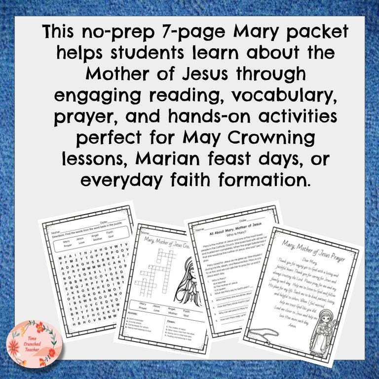 Mary Mother of Jesus Activities | Catholic Printable Packet | May Crowning Craft | Marian Worksheets for Kids | CCD Homeschool