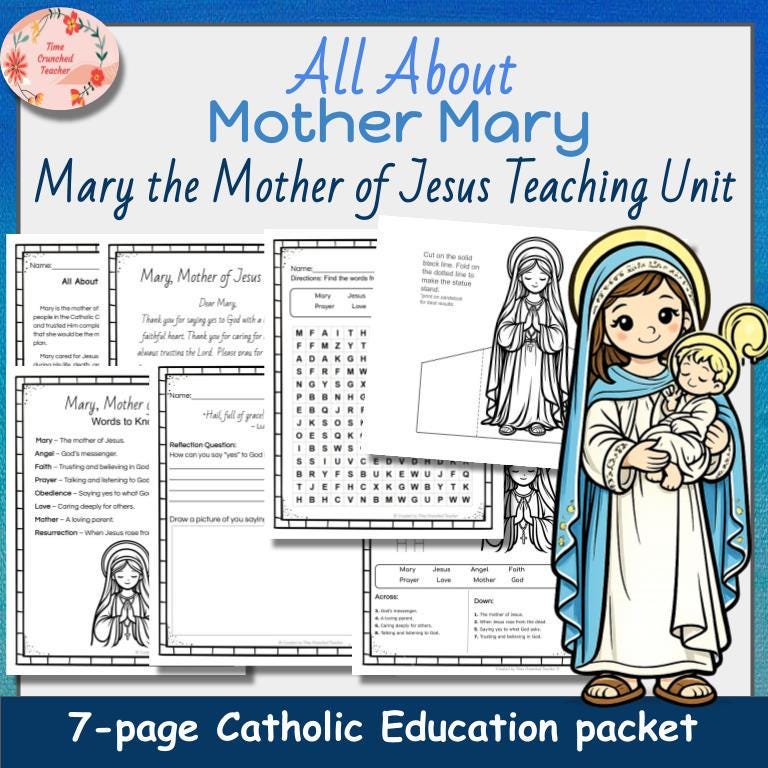 Mary Mother of Jesus Activities | Catholic Printable Packet | May Crowning Craft | Marian Worksheets for Kids | CCD Homeschool